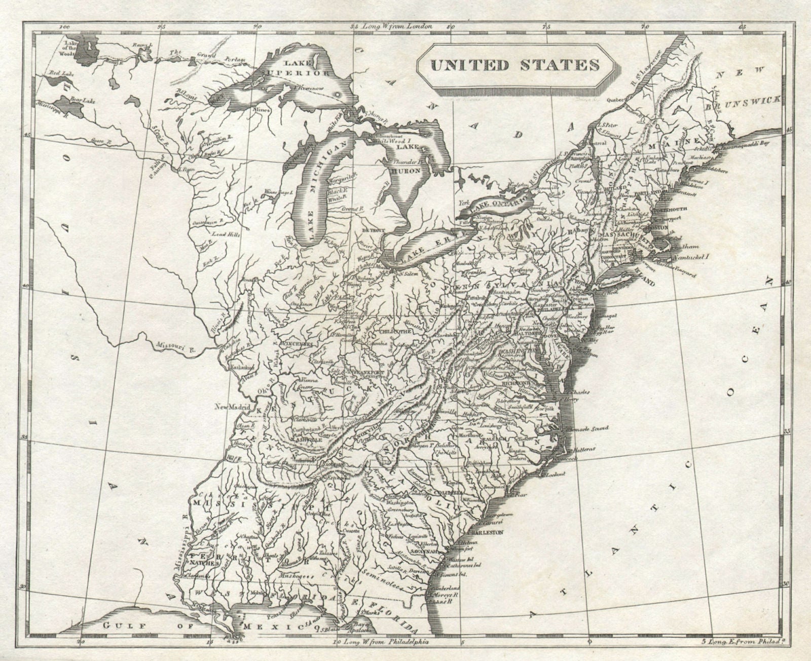 United States of America by Arrowsmith & Lewis. 17 States 1812 old antique map
